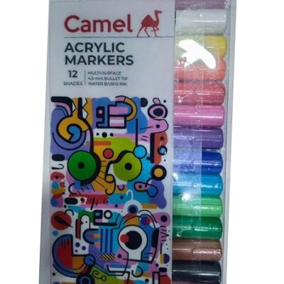 Camel Acrylic Markers, 12 Shades, 4.5 mm Bullet Tip, Sketching, doodling on canvas, wood, ceramic, plastic, Water Based Ink